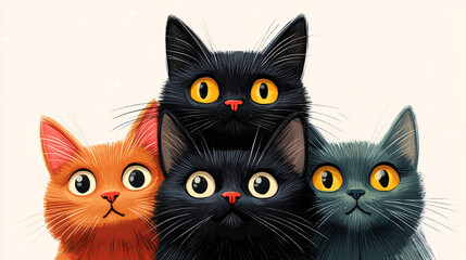 Ilustración de cuatro gatos con ojos grandes y expresivos