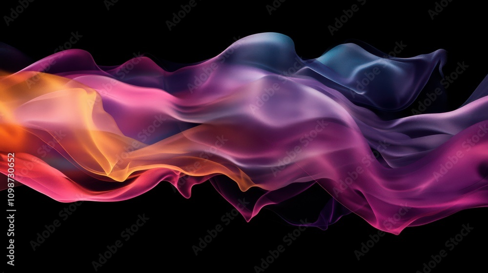 Poster an abstract wave of colorful fabric-like forms on a dark background, creating a dynamic and fluid vi