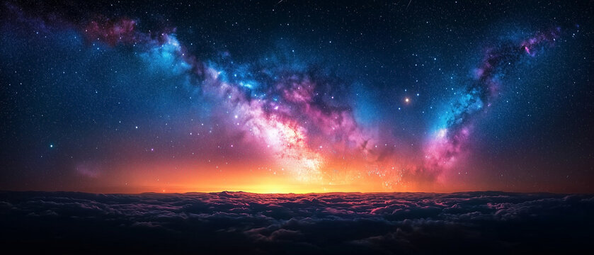 Illustration photor&eacute;aliste d'un ciel nocturne &eacute;toil&eacute; avec Voie Lact&eacute;e et n&eacute;buleuses color&eacute;es