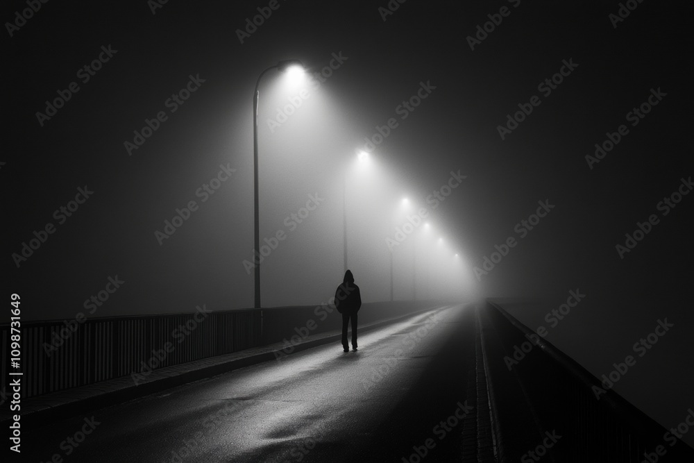 Aufkleber A figure walks alone on a deserted bridge under streetlights, surrounded by thick fog and darkness, creating a mysterious atmosphere. Generative AI