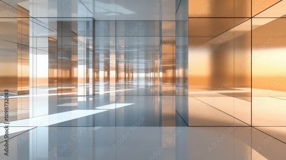 Poster abstract geometric background. mirrored shapes in polished holographic steel with contrasting shadow