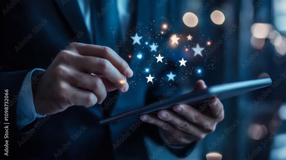 Poster a business professional interacts with a smartphone, creating an ethereal starry effect in a modern 