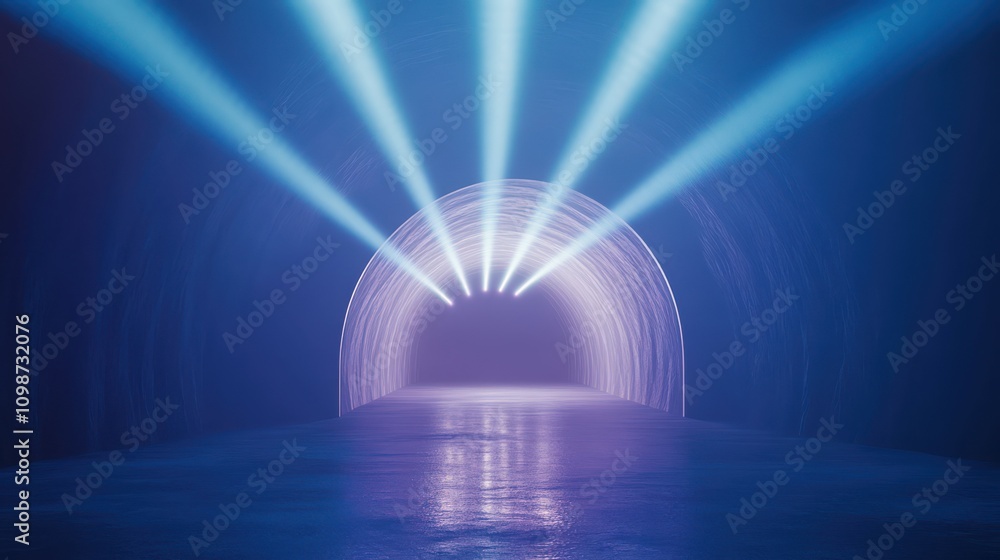 Poster animated and abstract tunnel, corridor with rays of light and new highlights. blue background with n
