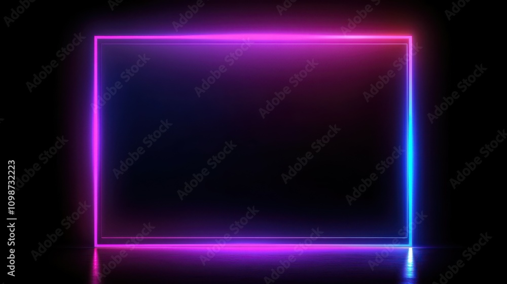 Poster abstract geometric neon background. glowing square frame inside the empty virtual space. futuristic 
