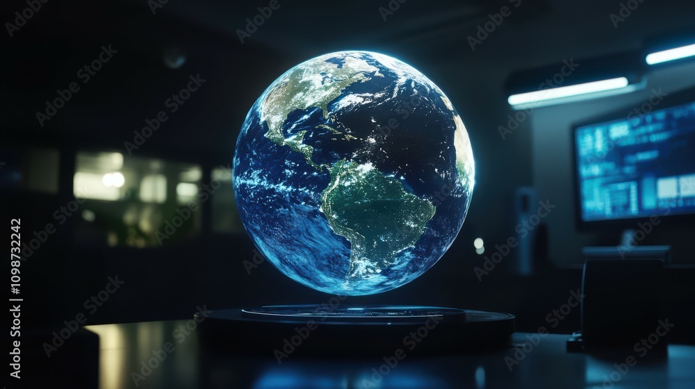 Poster an interactive 3d globe depicting planet earth using a hologram, digital data, and technology.