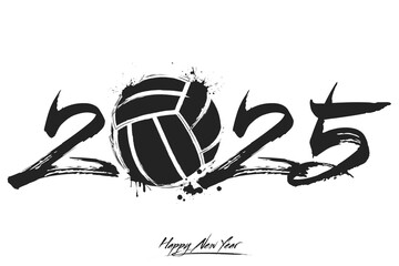 Numbers 2025 and a abstract volleyball ball made of blots in grunge style. Design text logo Happy New Year 2025. Template for greeting card, banner, poster. Vector illustration on isolated backgroundl