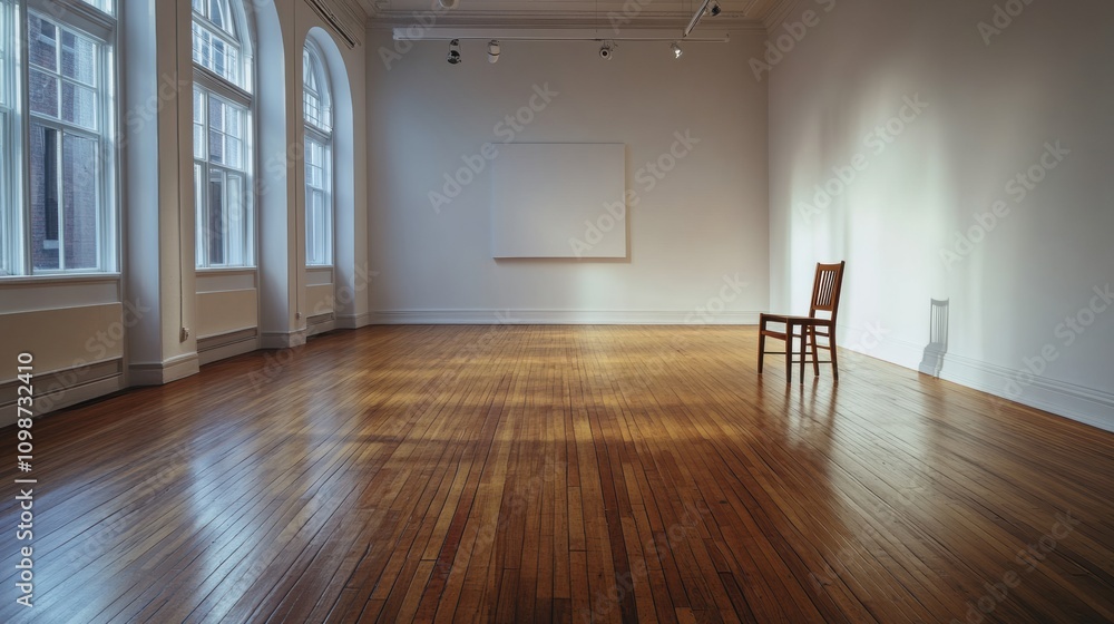 Poster Sunlight streams into the space, highlighting the wooden floors and a solitary chair against a blank wall, creating a calm, minimalist setting. Generative AI