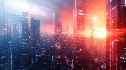 Conceptual design for a glowing digital city background. Future and technology