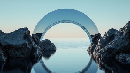 Fototapeta premium abstract futuristic background with geometric shapes, minimalist zen scenery, panoramic seascape wallpaper. Calm water, black rocks, chrome arch, mirror and pastel blue gradient sky