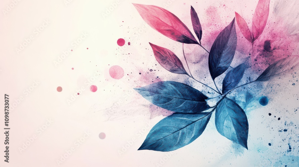 Poster abstract image of leaves with watercolor and splashes elements