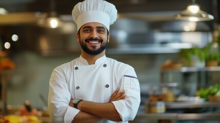 cooking, profession and people concept - happy male indian chef in toque with crossed arms over restaurant kitchen background