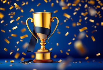 Golden trophy and streamers, business and competition concept, blue background. Generative AI