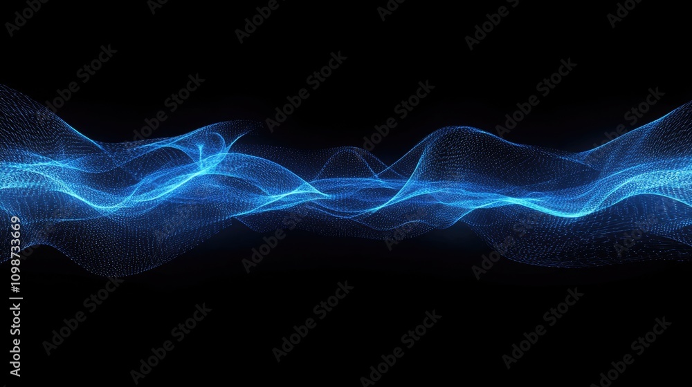 Poster dark blue abstract background with sparkling blue light particles creating depth and dynamic grids