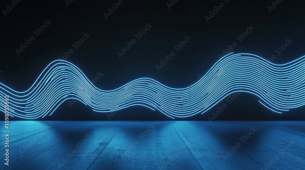 Poster abstract minimal neon background with glowing wavy line. dark wall illuminated with led lamps. blue 