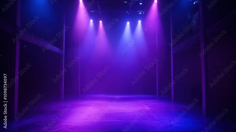 Poster blue and purple spotlights are illuminating an empty stage, casting a hazy glow and creating anticip