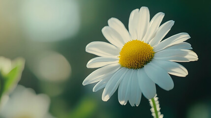 Obraz premium A classic white daisy with a golden yellow center, beautifully highlighted against a softly blurred green background.