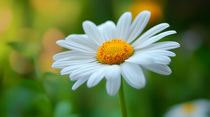 Fototapeta premium A fresh white daisy with a bright yellow center, surrounded by lush green leaves and a vibrant garden background.