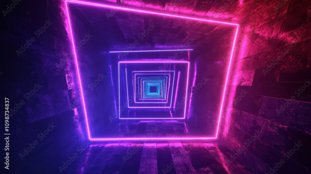 Aufkleber abstract geometric neon background with glowing square frame. laser linear shape inside the dark tun