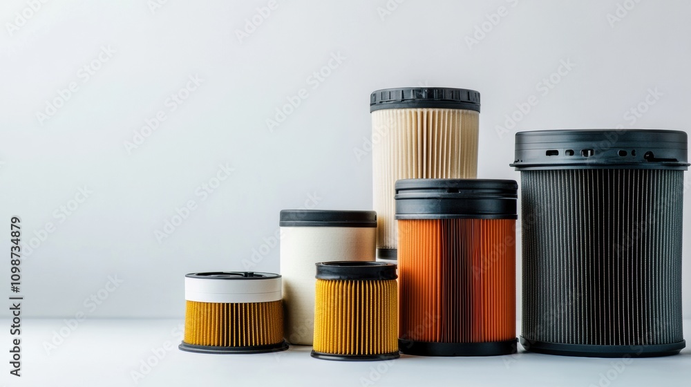 Poster showcase of various car filters (oil, air, fuel) displayed neatly on a light background, emphasizing
