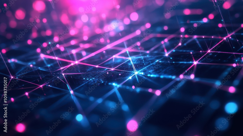 Poster abstract neon background, geometric structure glowing in ultraviolet light, digital grid in virtual 