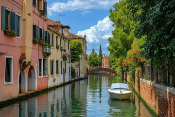 Obraz premium Sunlit Canal Townscape with Contemporary Houses and Tree-Lined Footpath