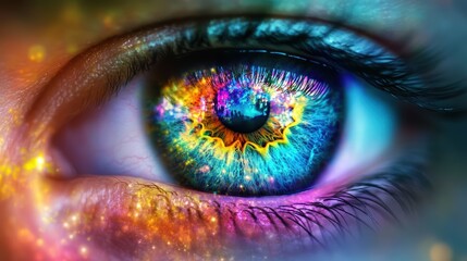 This close-up reveals an intricately designed eye showcasing vivid colors and abstract patterns. It captures the essence of creativity and imagination through its vibrant hues and cosmic reflections