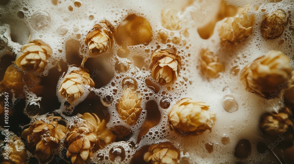 Poster beer brewing process. hops cones floating in beer malt with foam frothy texture.