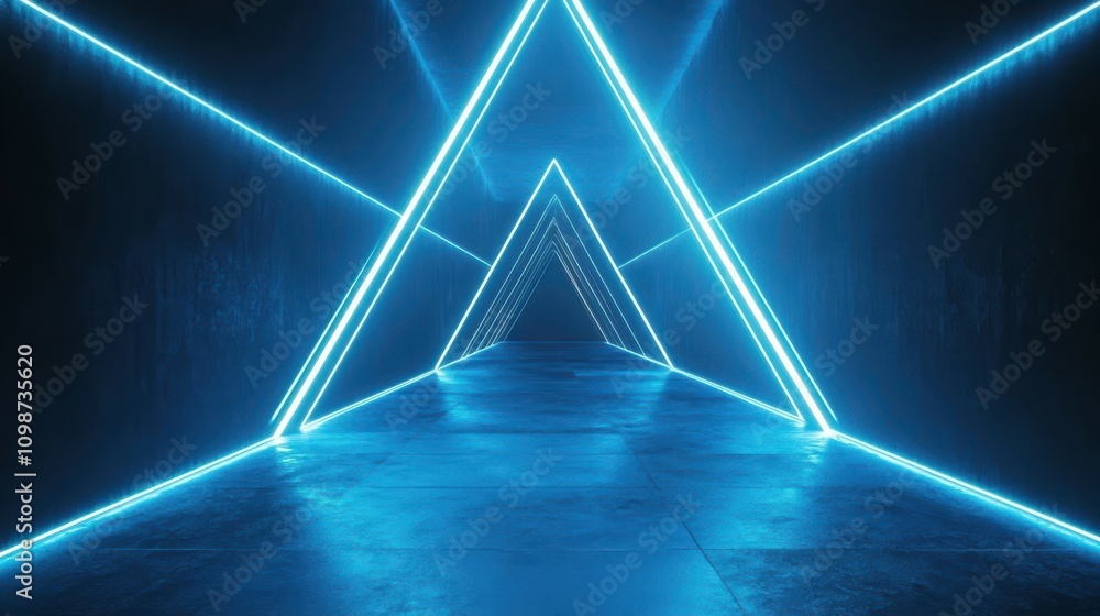 Poster abstract minimal neon background with glowing lines. wall illuminated with blue light. simple geomet