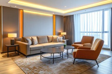 Fototapeta premium Stylish Modern Living Space with Panoramic Window and Cozy Furniture