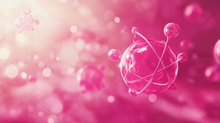 Fototapeta premium Abstract pink background with animated cartoon atom shapes. Looped scientific background. Copy space.