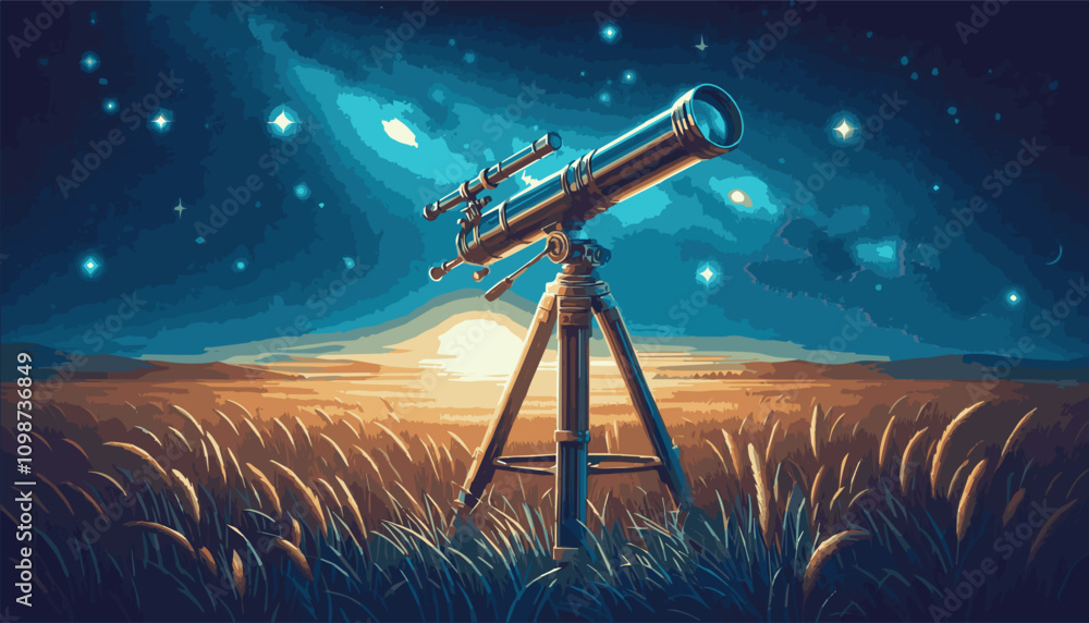 Wall mural the telescope stands in a field against the background of the starry sky. vector illustration of eps