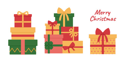 Set of Christmas gift boxes with ribbons and bows. Holiday presents stacks in red, yellow and green colors. Heaps of surprises. Vector flat illustration isolated on white background