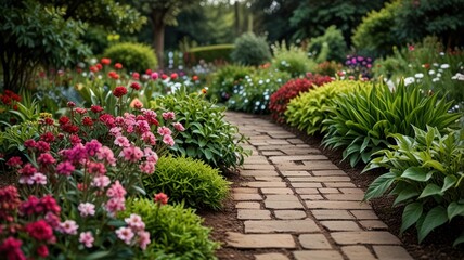 Obraz premium Serpentine stone path winds through vibrant blooming flower garden.