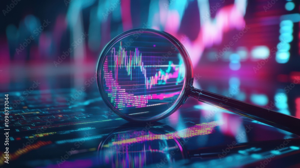 Poster detecting data anomalies; search engine optimisation or seo. magnifiers, charts, graphs, uv-neon scr