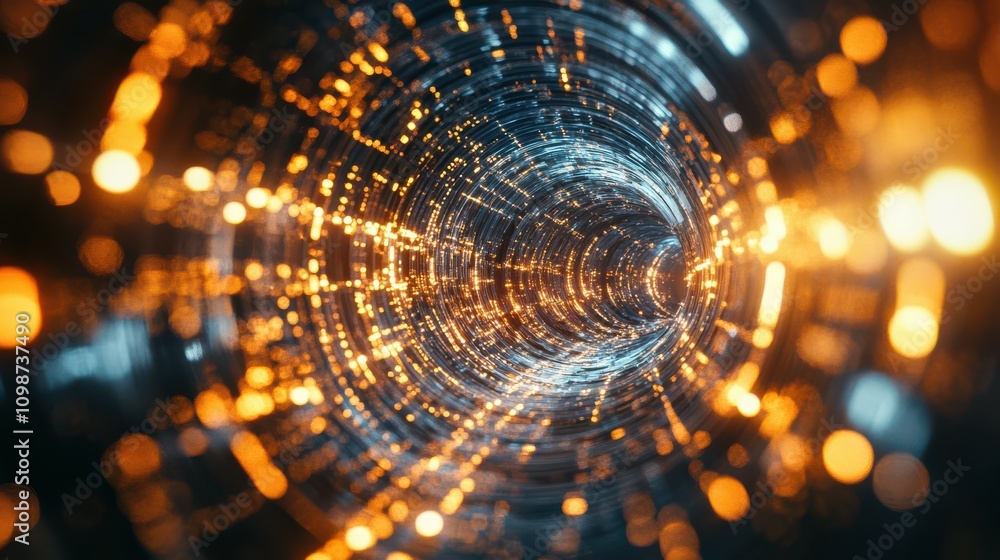 Poster digital tunnel with dynamic lights and glowing patterns showing technology and futuristic ideas.