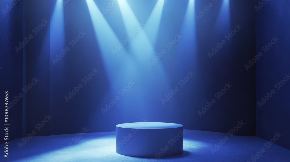 Poster abstract modern minimal blue background illuminated with bright spotlight. showcase scene with cylin