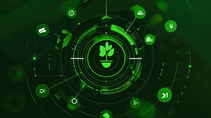 Obraz premium A vibrant digital representation of green sustainable growth with various technology icons surrounding a central plant symbol