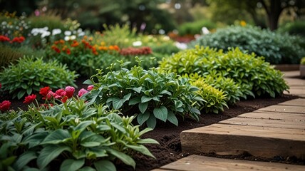Lush garden with colorful flowers and wooden path.