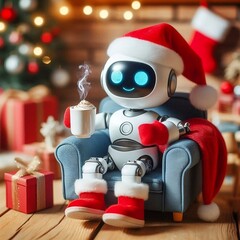Mini ai robot dressed as santa claus, sitting in an armchair and drinking coffee
