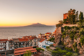 Streets in a touristic town, Sorrento near Amalfi coast, Italy. with a view of Naples and the...
