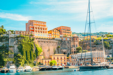 Streets in a touristic town, Sorrento near Amalfi coast, Italy. with a view of Naples and the Vesuvius volcano in the background © Zedspider