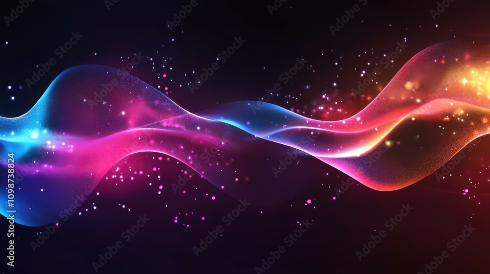 Poster abstract neon background with wavy impulse line glowing in ultraviolet spectrum