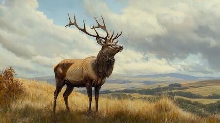 Against a backdrop of expansive rolling hills, a majestic red deer with impressive antlers stands proudly