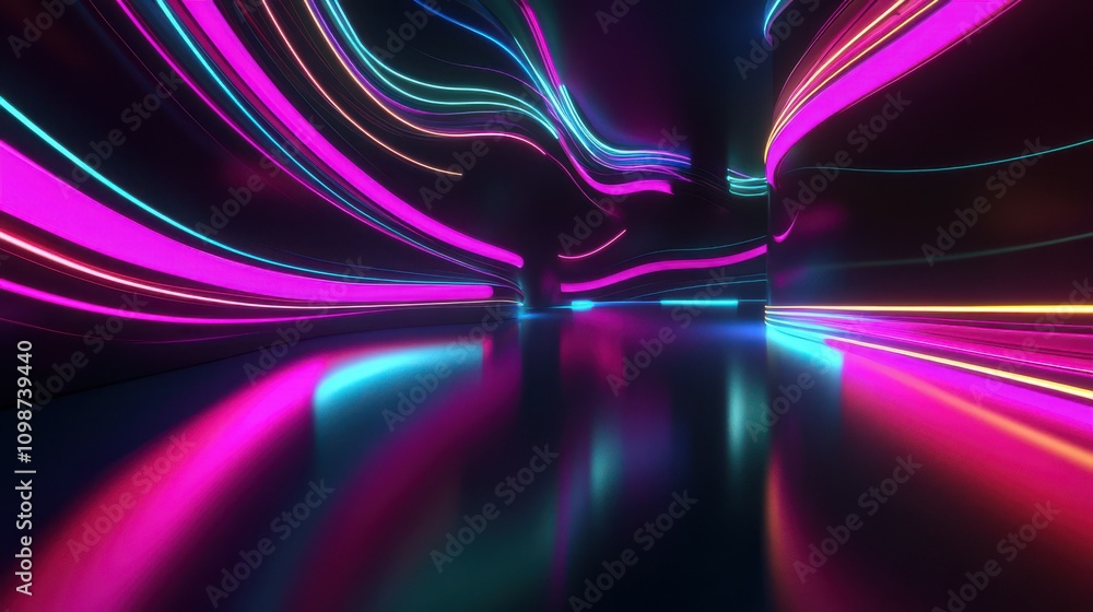 Poster an abstract panoramic background of curvy dynamic neon lines glowing in the dark with a floor reflec