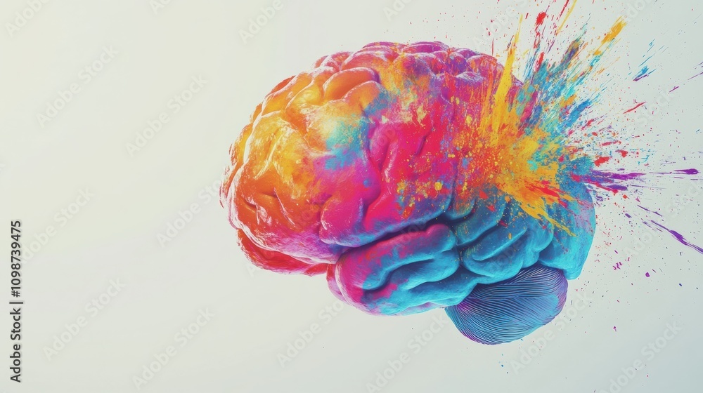 Fototapete A vibrant brain is covered in colorful paint strokes and splashes, symbolizing creativity and imaginative thinking in a striking way. Generative AI
