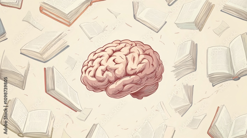 Poster A brain is centrally placed with open books and flying pages around it, representing the pursuit of knowledge and the joy of learning. Generative AI