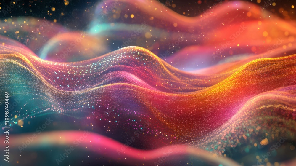 Poster colorful digital waves of tiny particles flowing through a futuristic curved trajectory, radiating e