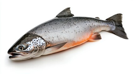 Fototapeta premium Falling raw salmon, fish isolated on white background, full depth of field