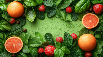 Naklejka premium Colorful Fruits and Vegetables Banner Against wet green Background