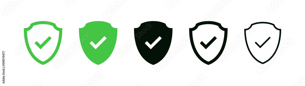 Poster shield check mark icon or security shield protection icon with tick symbol
